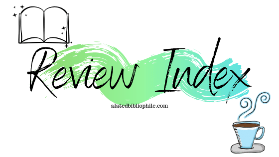 review index graphic with book and coffee cup and green and blue swish