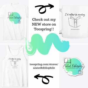 collage of available merch on alatedbibliophile's teespring store