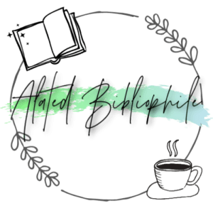 Alated Bibliophile written inside a circle with ivy, a coffee cup on the bottom right and an open book on the top left with green and blue paint splotch in the background