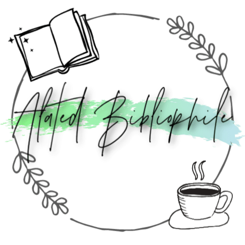 alated bibliophile logo; blue and green watercolor background, vines wrapping a circle around text that reads Alated Bibliophile, with the outline of a book on the top left and the outline of a coffee cup on the bottom right