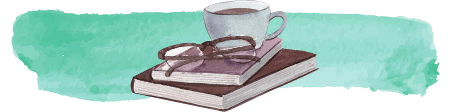 green watercolor banner with an image of a watercolor coffee cup, small stack of books, and eyeglasses sitting on top of the books