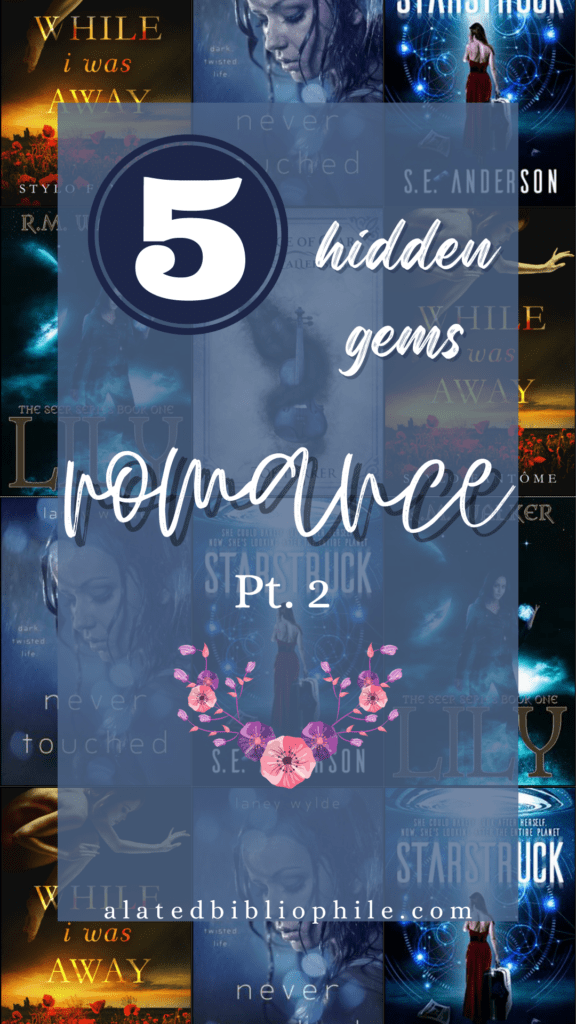 pin with a collage of books in the background and "5 hidden gems - romance, part 2" written in cursive in the forefront